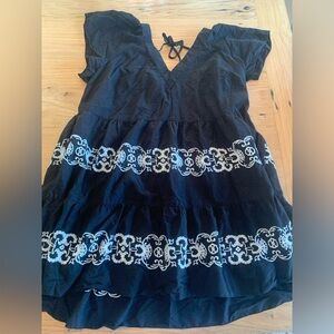 Babydoll Embroidered Floral Cotton Black White Tiered Deep V Back Women’s XL Pre
